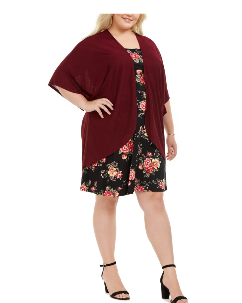 Front of a model wearing a size 2XL Love Squared Women's Plus Floral Topper Dress with Jacket Black Floral Size 2XL in Black by Love Squared. | dia_product_style_image_id:312873